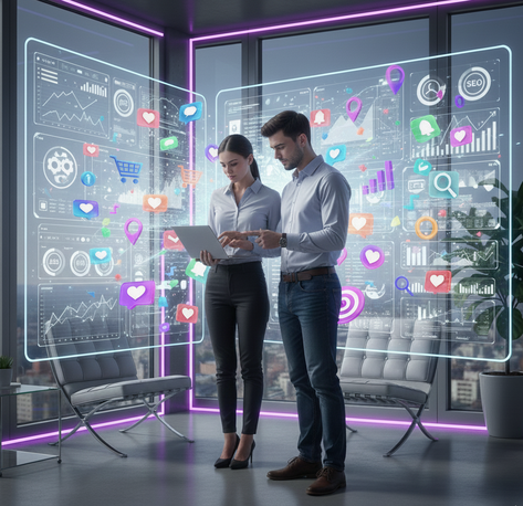 Freelance digital marketing team analyzing analytics and social media metrics on a laptop in a modern office.