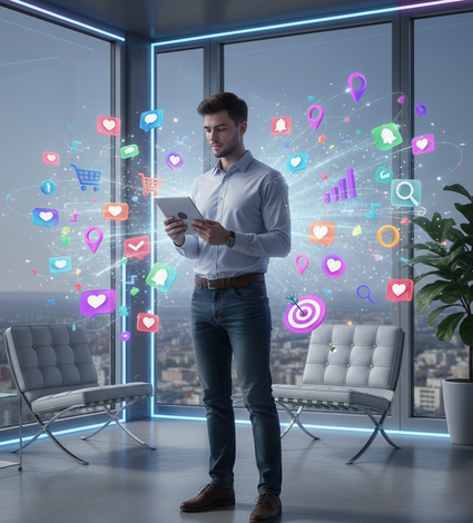 Freelance digital marketer using a tablet in a modern office with social media and marketing icons surrounding him.